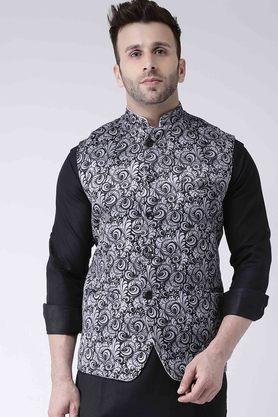 Printed Polyester Blend Regular Fit Men's Occasion Wear Nehru Jacket - Grey
