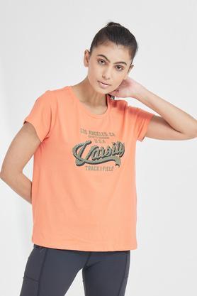 Printed Cotton Round Neck Women's T-Shirt - Orange