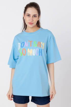Printed Cotton Round Neck Women's T-Shirt - Blue
