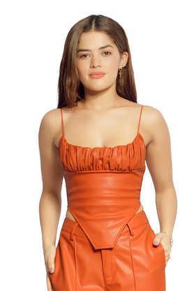 Solid Polyester Square Neck Women's Top - Orange