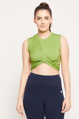 solid-polyester-round-neck-womens-top---green