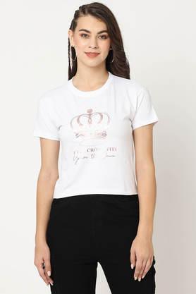 printed-blended-fabric-round-neck-women's-t-shirt---white