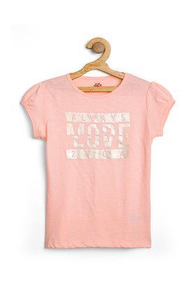 Printed Cotton Round Neck Girls T-Shirt - Peach