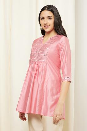 Embroidered Rayon Mandarin Women's Tunic - Pink