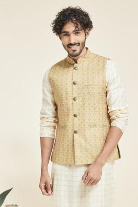 Printed Poly Silk  Festive Wear Nehru Jacket - Yellow