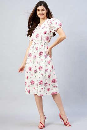 Floral Round Neck Crepe Women's Knee Length Dress - Off White