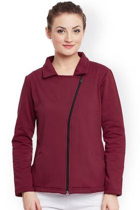 Solid Blended Collared Women's Jacket - Maroon