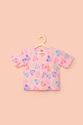 Printed Cotton Round Neck Girl's T-Shirt - Peach