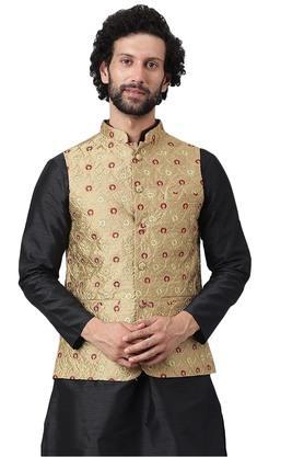 Printed Polyester Viscose Regular Fit Mens Nehru Jacket - Khaki