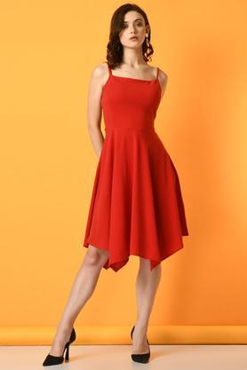 Solid Square Neck Lycra Women's Dress - Red
