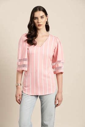 Stripes Crepe V Neck Women's Top - Pink