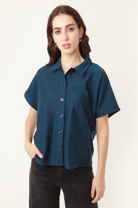 Solid Cotton Blend Collar Neck Womens Casual Shirt - Blue