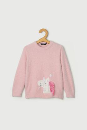 Solid Nylon Round Neck Girls Sweater - Baby Pink