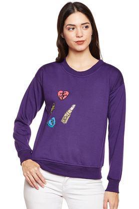 Solid Blended Round Neck Women's Sweatshirt - Purple