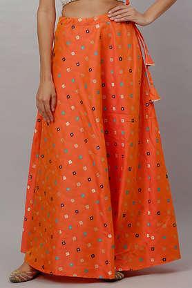 Regular Fit Ankle Length Silk Women's Festive Wear Skirt - Orange