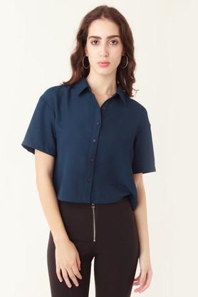 Solid Polyester Collar Neck Womens Casual Shirt - Blue