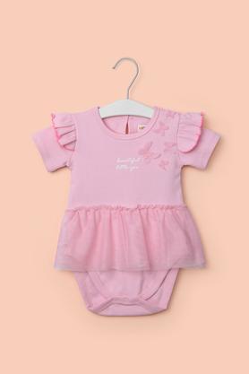 Printed Cotton Round Neck Infant Girl's Rompers - Pink