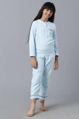 Solid Cotton Regular Girls Night Suit Set - Blue