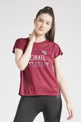 Printed Regular Fit Polyester Women's Active Wear T-Shirt - Wine