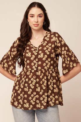 floral-rayon-v-neck-women's-top---brown