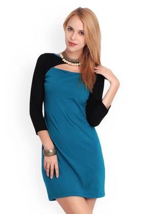 Solid Cotton Boat Neck Women's Knee Length Dress - Teal