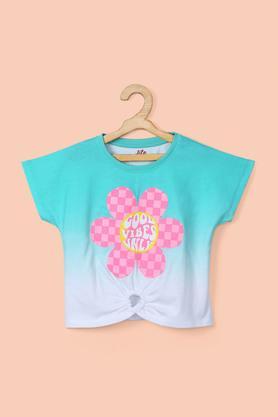 Solid Cotton Round Neck Girl's Top - Green