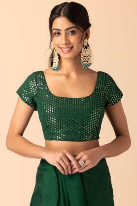 embroidered-poly-blend-round-neck-women's-blouse---green