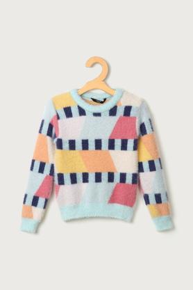 Solid Nylon Round Neck Girls Sweater - Multi