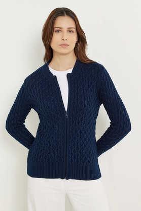 Textured Round Neck Blended Fabric Women's Winter Wear Cardigan - Navy