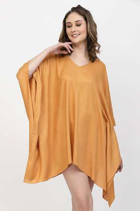 textured-viscose-v-neck-women's-casual-wear-kaftan---orange