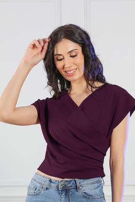 solid-polyester-v-neck-women's-top---wine