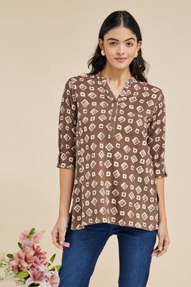 Printed Rayon Round Neck Women's Casual Wear Tunic - Brown