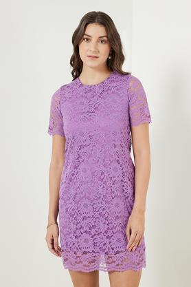 Solid Round Neck Polyester Women's Dress - Purple
