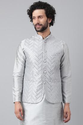 Embroidered Polyester Blend Regular Fit Mens Nehru Jacket - Grey