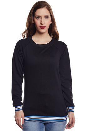 Solid Blended Round Neck Women's Sweatshirt - Black