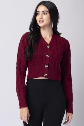 Solid Acrylic V Neck Women's Cardigan - Red