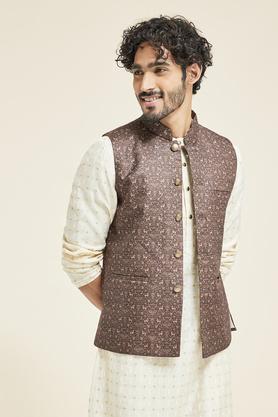 Printed Poly Silk  Festive Wear Nehru Jacket - Brown