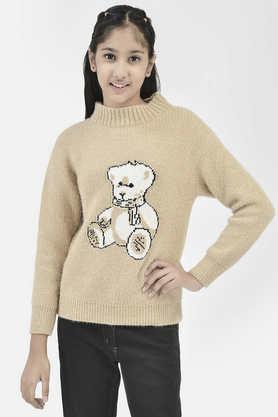 Graphic Blended Fabric Regular Fit Girls Sweater - Natural