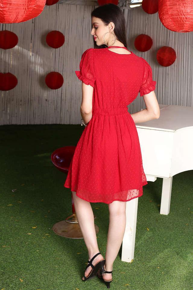 solid-polyester-square-neck-women's-knee-length-dress---red