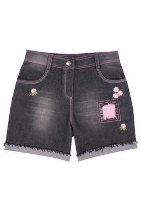 embroidered-denim-regular-fit-girl's-shorts---black