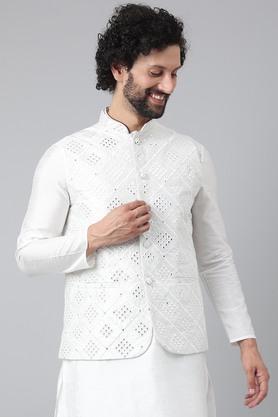 Embroidered Polyester Blend Regular Fit Mens Nehru Jacket - White