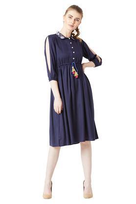 Womens Solid Flared Dress - Navy