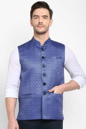 Solid Cotton Blend Slim Fit Men's Nehru Jacket - Blue