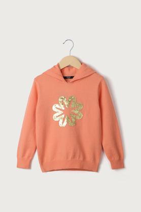 Solid Acrylic Hood Girls Sweater - Orange