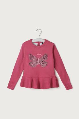 Solid Acrylic Round Neck Girls Sweater - Pink