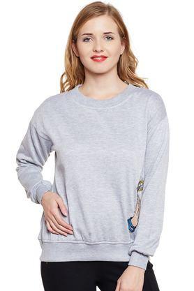 Solid Blended Round Neck Women's Sweatshirt - Grey