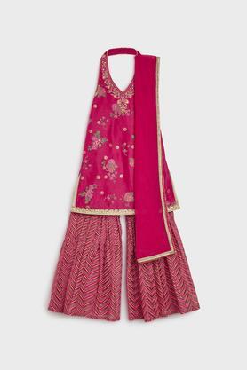 Printed Chanderi Regular Fit Girls Salwar Kurta Dupatta Set - Pink