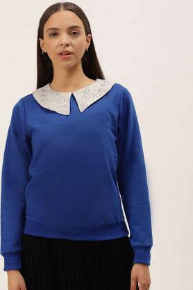 Solid Blended Collared Women's Sweatshirt - Blue