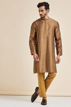 Printed Cotton Blend Men's Casual Wear Kurta - Brown