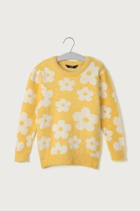 Jacquard Acrylic Round Neck Girls Sweater - Yellow